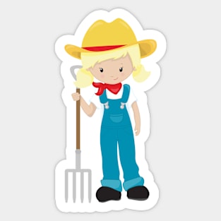 Farm Girl, Cute Girl, Blonde Hair, Farmer, Rake Sticker